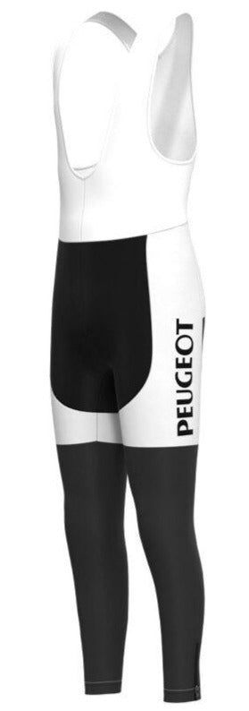 The Classic 1960s Peugeot Retro Cycling Leggings are white with black PEUGEOT text on the side. They feature white straps and a streamlined fit, reminiscent of classic Eddy Merckx apparel.