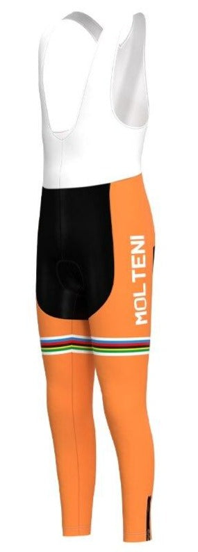 The Molteni Orange Retro Cycling Leggins boast white straps and a bold orange-black design with MOLTENI text, evoking classic cycling shorts. Featuring colorful leg bottom stripes, theyre ideal for fans of Eddy Merckx gear.
