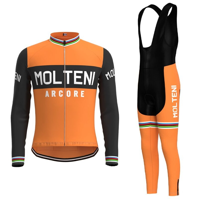 The Molteni Retro Cycling Jersey Long Set, featuring MOLTENI ARCORE text and rainbow-striped cuffs and collar, captures Eddy Merckxs classic style in orange and black, paired with black bib tights for a timeless cycling ensemble.