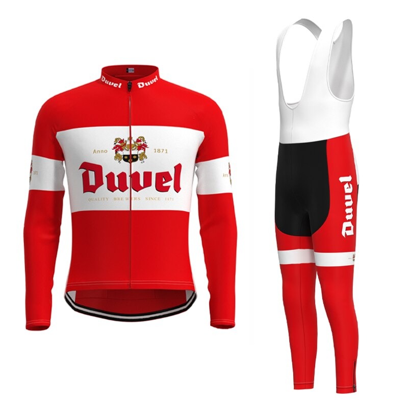 The Duvel Beer Retro Cycling Jersey Long Set features a striking red and white zippered jersey with classic Duvel branding and a timeless crest, paired with stylish red and black bib tights adorned with Duvel, offering cyclists both nostalgia and flair.