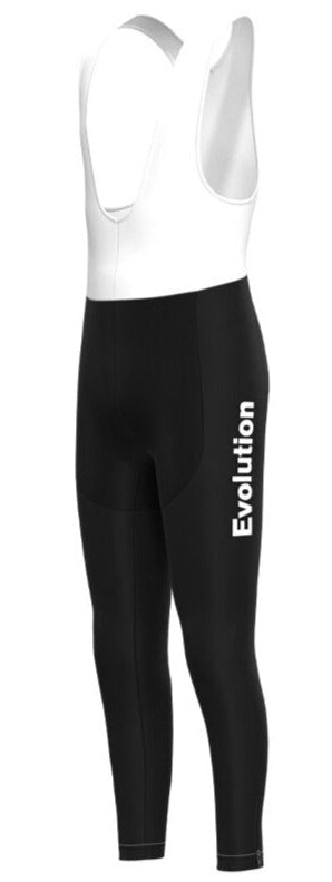 The Evolution Retro Cycling Long Bib Shorts are form-fitting in black and white, featuring Evolution printed vertically. They come with a comfortable gel seat pad and supportive shoulder straps.