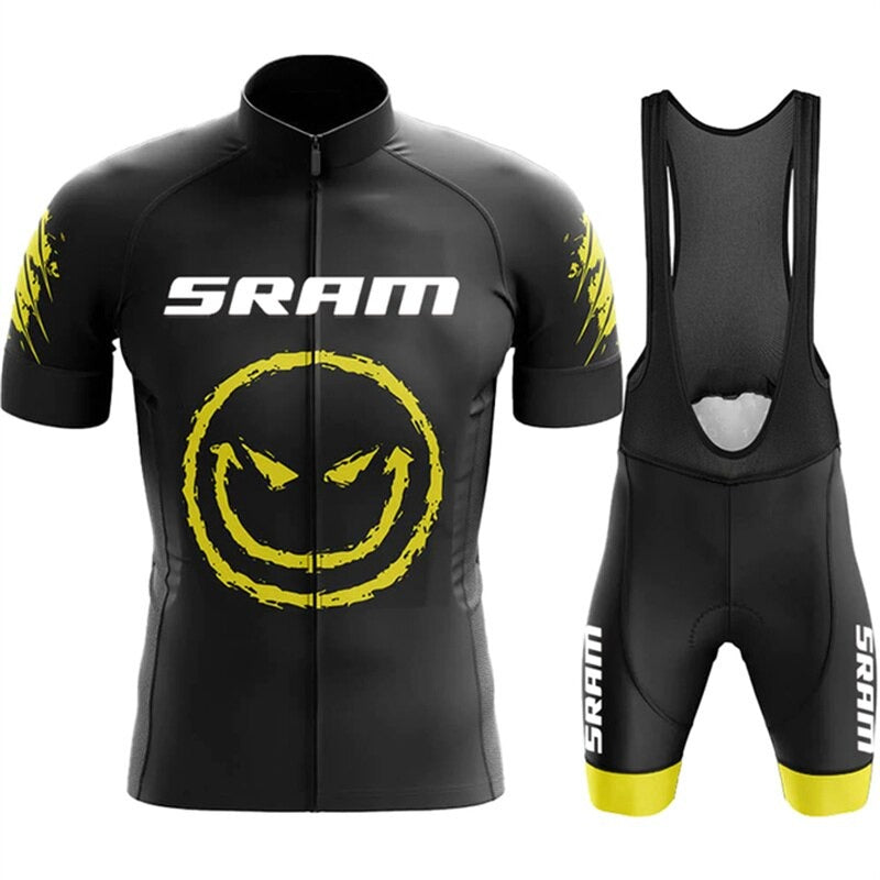 The SRAM Retro Cycling Jersey Set includes a black jersey with short sleeves, a front zipper, and bib shorts, all adorned with a yellow grinning face design and yellow leg accents for a stylish and comfortable road performance.