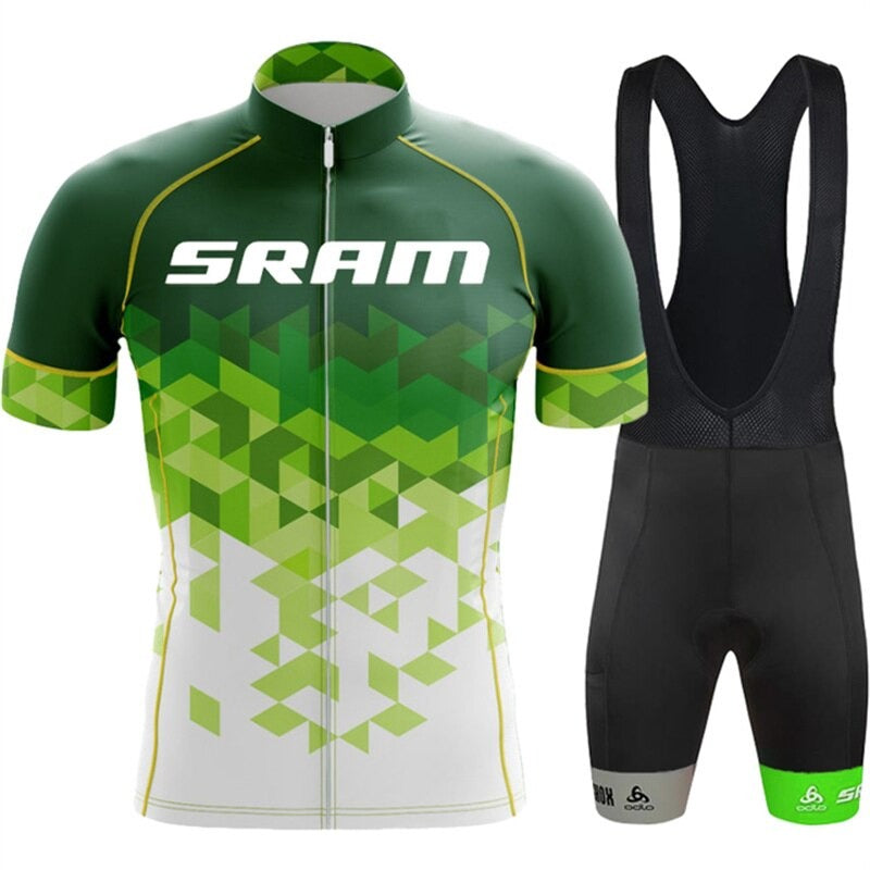 The SRAM Retro Cycling Jersey Set features a lightweight polyester jersey in green and white with a geometric pattern, perfectly complementing black bib shorts adorned with matching color accents and branding for breathable performance.