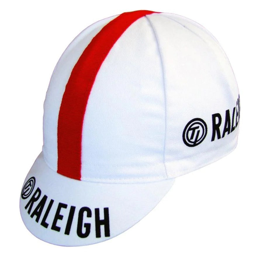 The TI Raleigh Retro Cycling Cap features a bold red stripe running front to back, with RALEIGH printed in black on the side and brim, complemented by a TI Raleigh circular logo for vintage appeal.