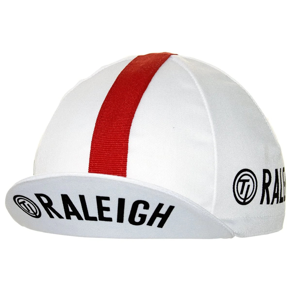 The TI Raleigh Retro Cycling Cap boasts a classic white design with a bold red stripe, featuring RALEIGH in black on the brim and side, and proudly displays the iconic circular TI Raleigh logo for vintage flair.