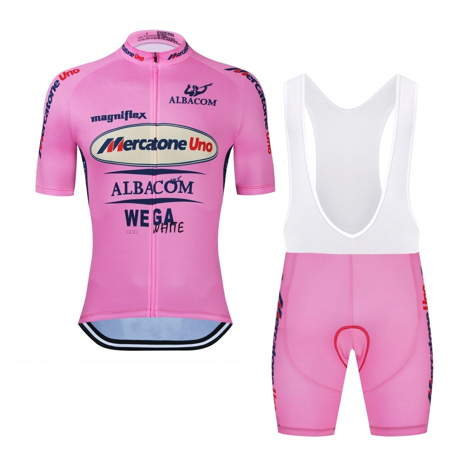 The Mercatone Uno Albacom Retro Cycling Jersey Set, inspired by Marco Pantani, features sponsor logos such as Mercatone Uno and Albacom. The pink jersey has a short front zipper, while the bib shorts come with white straps incorporating matching design elements.