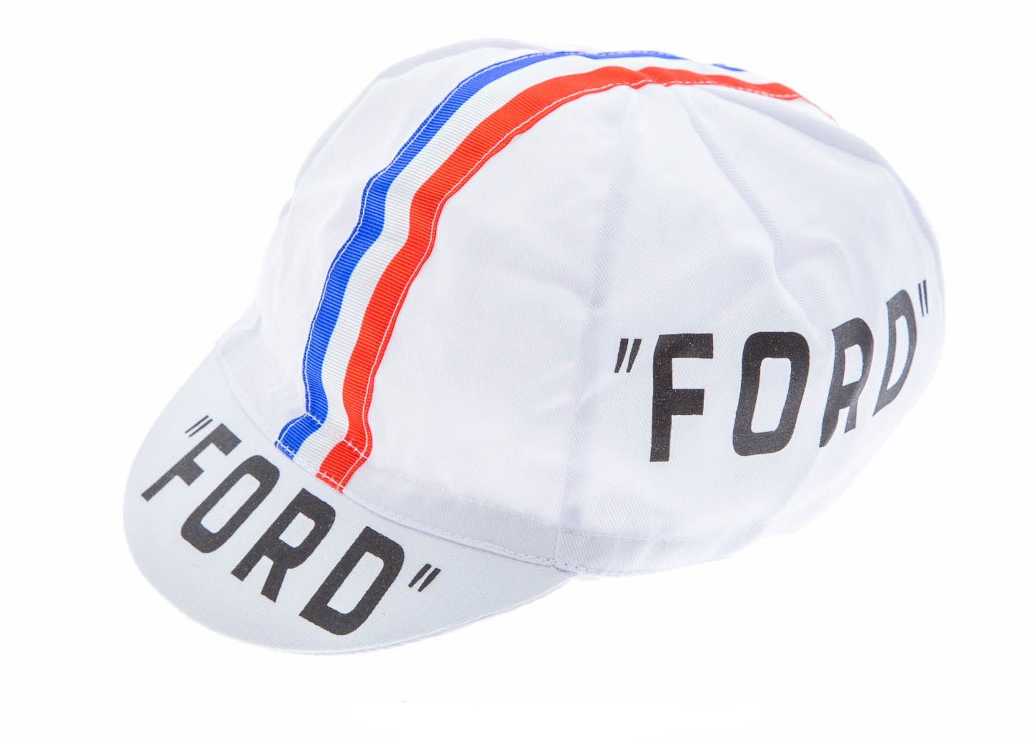 The FORD Retro Cycling Cap boasts a classic white design with bold blue and red stripes, elegantly featuring FORD in black on the front and side, embodying vintage cycling style.