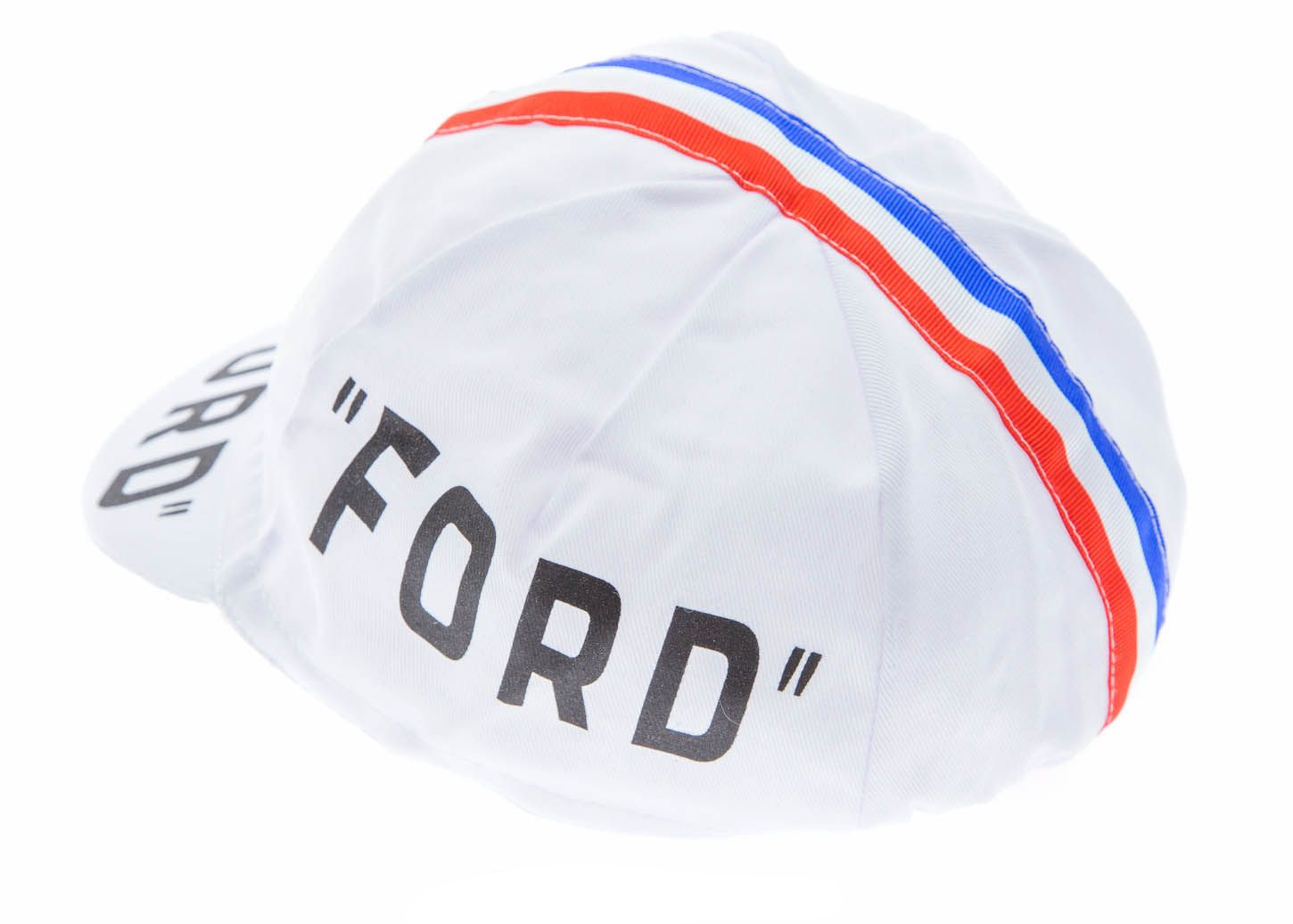 The FORD Retro Cycling Cap is a white cap with FORD in black stylized quotes on the brim and side, accented by an elegant red and blue stripe across the top.