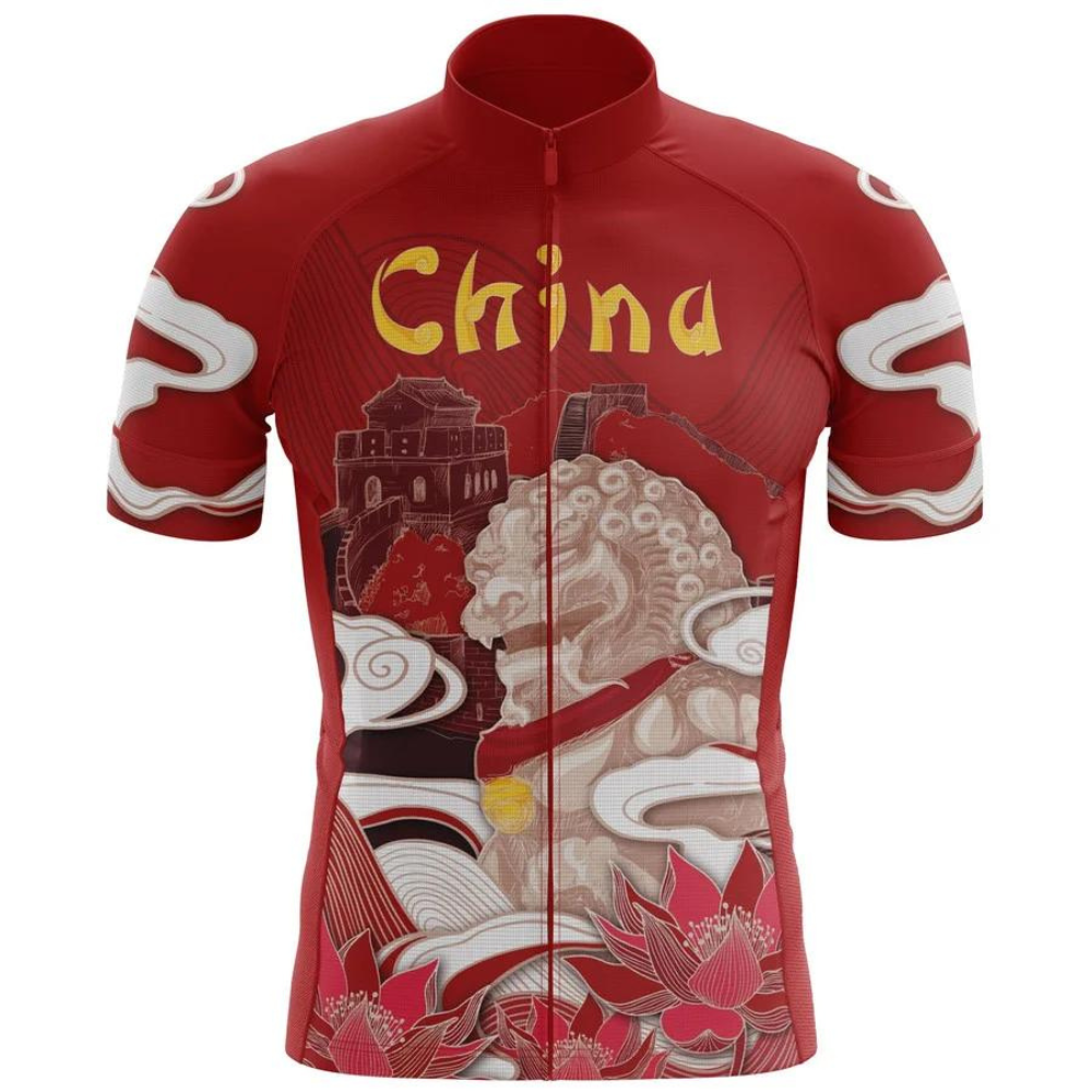 The China Cycling Jersey, made from lightweight polyester, features a retro design with China displayed among stylized lion statues, the Great Wall, clouds, and lotus flowers.