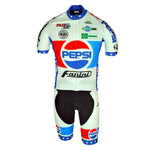 The Pepsi Fanini Retro Cycling Jersey Set, made from lightweight polyester, features a classic racing design in blue, white, and red. It showcases prominent Pepsi Fanini logos with star patterns on sides and sleeves plus various smaller sponsor logos.