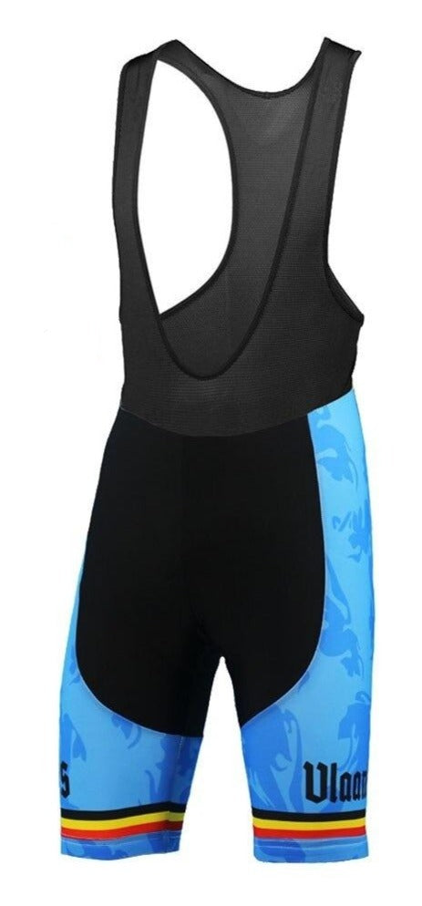 The Belgian Vlaanderen Flanders Bib Shorts feature a black upper and light blue shorts with multicolored hem stripes, proudly displaying Vlaams to celebrate Belgian Flanders. Equipped with a gel seat pad for maximum comfort on long rides.