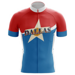 The Dallas Cycling Jersey is made of lightweight polyester, featuring red and blue sections with a central white star. DALLAS is boldly printed across the chest, and it includes a front zipper and short sleeves for style and comfort.