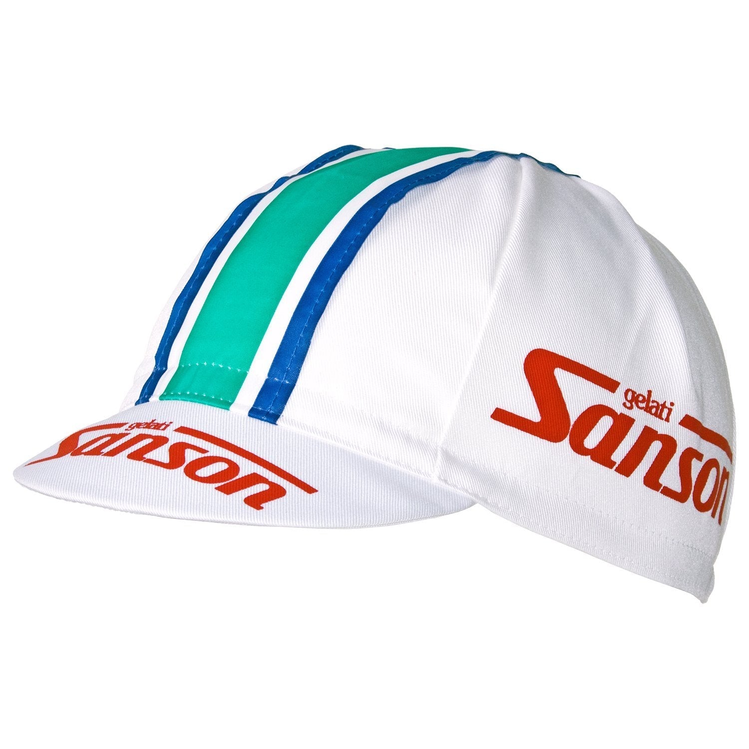 Discover the vintage charm of the Gelati Sanson Retro Cycling Cap, showcasing a classic white design with blue and green center stripes. Featuring Sanson in red on the front and sides, this cap blends timeless style with athletic flair.