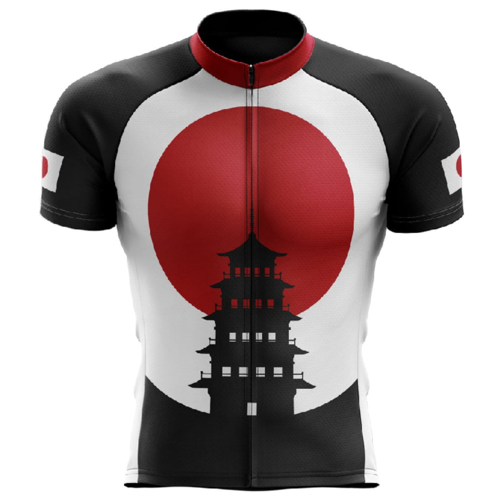 The Japanese Temple Cycling Jersey has black sleeves, a central design with a large red circle resembling the Japanese flag, and a temple silhouette, all made from lightweight polyester. Small flag motifs adorn the sleeves for added flair.