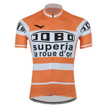 The Jobo Superia La Roue dOr Retro Cycling Jersey is an orange and white jersey with bold black JOBO Superia and superia la roue dor text, featuring striking stripes and a front zipper, perfect for Tour de France enthusiasts.