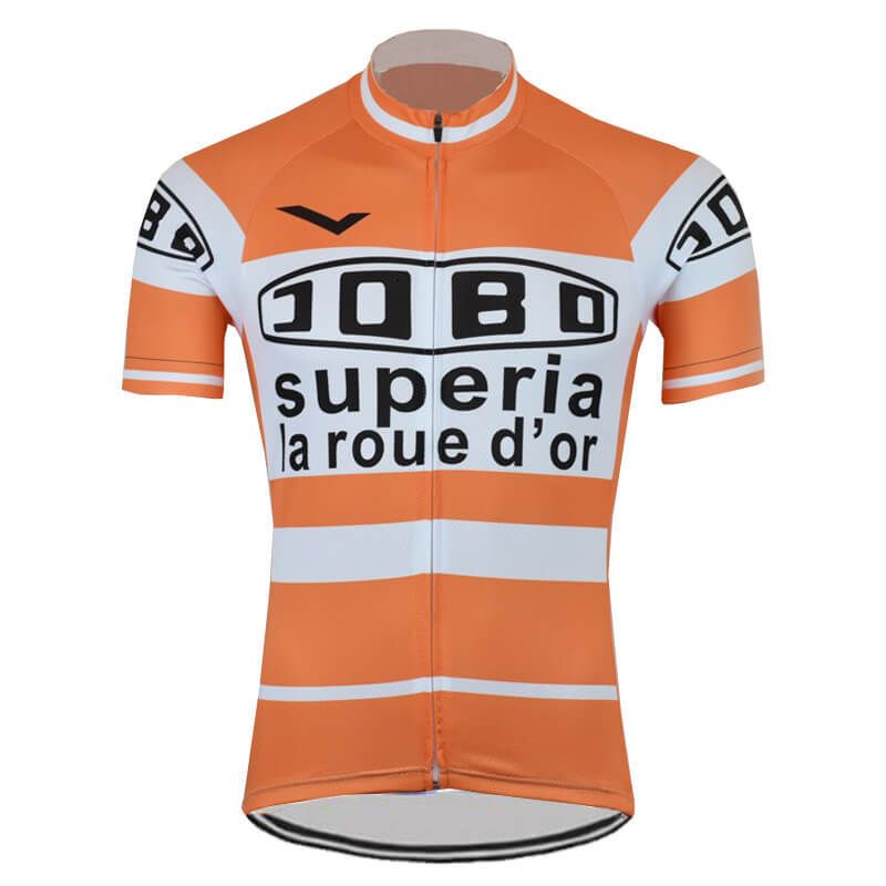 The Jobo Superia La Roue dOr Retro Cycling Jersey is an orange and white jersey with bold black JOBO Superia and superia la roue dor text, featuring striking stripes and a front zipper, perfect for Tour de France enthusiasts.