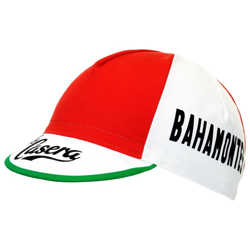 The La Casera-Bahamontes Retro Cycling Cap combines red and white sections with Bahomontes across the top and Ciserus on the brim. Its green underside captures classic cycling style, reminiscent of its iconic era. Available at vintagecycling.shop.