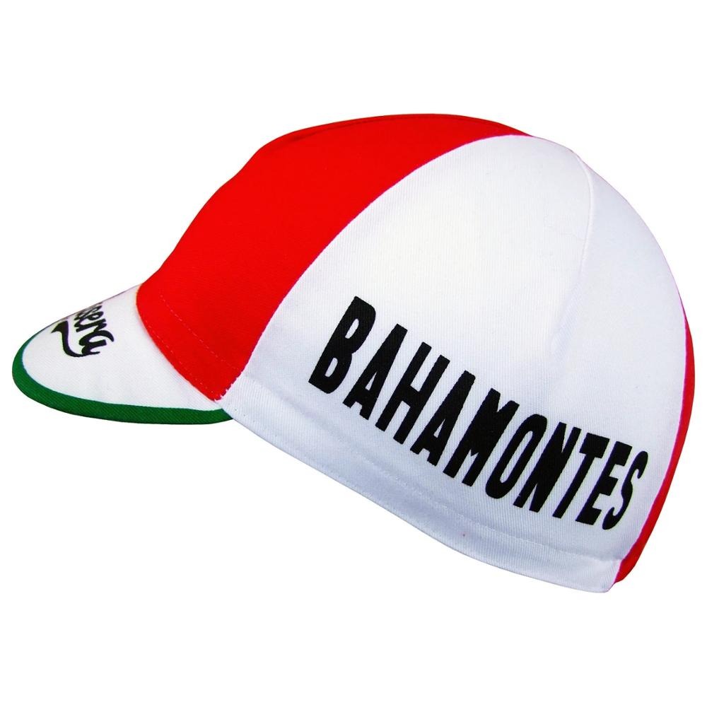 The La Casera-Bahamontes Retro Cycling Cap features a red left panel, a white right panel with BAHAMONTES in bold black, and a white brim with a green underside. Available exclusively at vintagecycling.shop.
