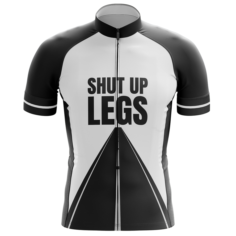 The Shut Up Legs Cycling Jersey is made from lightweight polyester and showcased a striking black and white geometric design. The bold text on the front, SHUT UP LEGS, adds style and motivation to every ride.