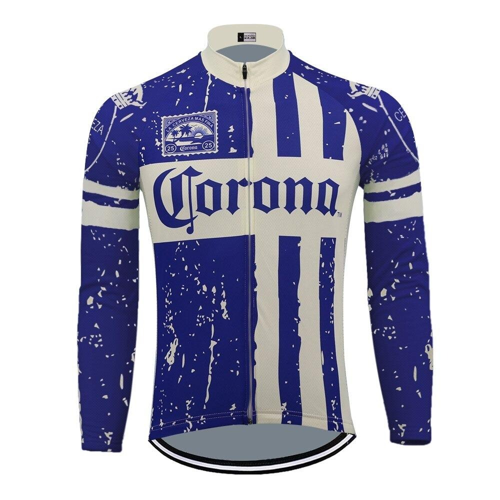 The Corona Beer Retro Cycling Jersey features a distressed blue and white striped pattern, prominently displaying Corona across the chest. It offers a vintage look with an optional fleece-lined finish for warmth.