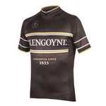 The Glengoyne Whisky Retro Cycling Jersey features a brown base with golden and white accents, merging performance with vintage style. It displays GLENGOYNE and UNHURRIED SINCE 1833, referencing Glengoyne Whiskys heritage. It includes short sleeves and a collar zip.