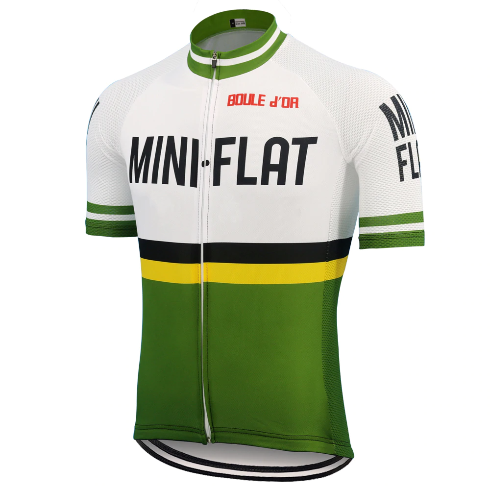 The Mini Flat Retro Cycling Jersey showcases a MINI-FLAT text with a bold yellow stripe and color blocks in green, white, and black. Made from lightweight polyester for performance cycling, it features BOULE DOR on the top and green stripes on the short sleeves.