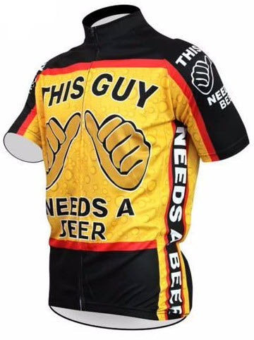 The This Guy Needs a Beer Cycling Jersey is made from lightweight polyester for peak performance, features a striking yellow and black design with THIS GUY NEEDS A BEER and thumbs-up graphics. The side panels showcase “NEEDS A BEER” over beer bubbles.