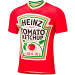The Heinz Tomato Ketchup Cycling Jersey is a red, lightweight polyester cycling jersey resembling a ketchup bottle, featuring a large imitation label with the Heinz logo, Est 1869, and 57 varieties text.