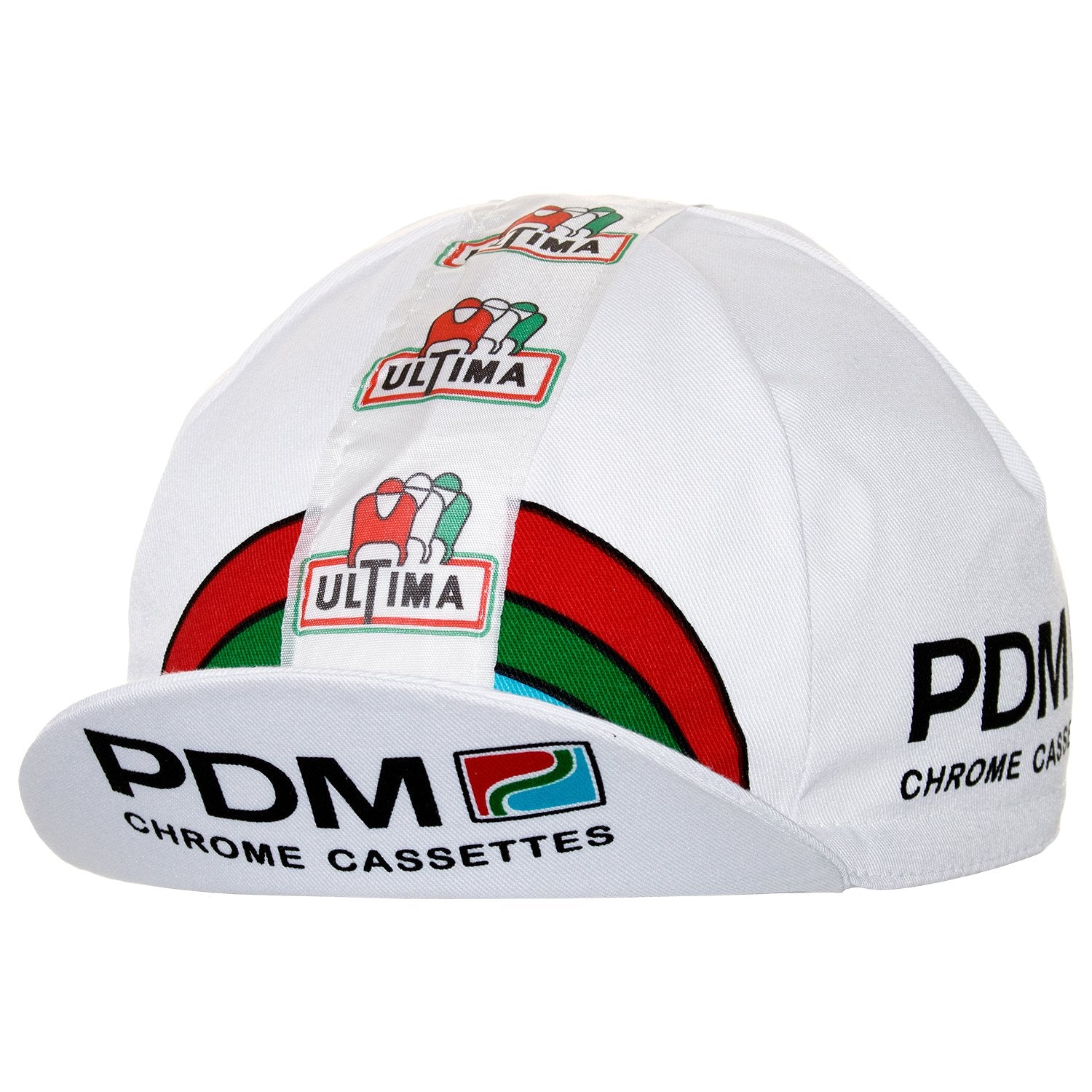 The PDM Retro Cycling Cap features a vintage white design with the PDM logo and PDM Chrome Cassettes text on the front, highlighted by a classic Ultima pattern of red, green, and blue semi-circles for retro flair.