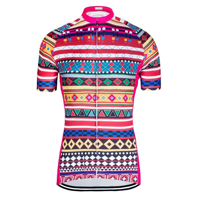 The Womens Coloured Pattern Cycling Jersey is a vibrant masterpiece in lightweight polyester, featuring short sleeves and a colorful design of stripes, diamonds, and zigzags in red, blue, yellow, pink, and black. A sleek front zipper complements its round collar.