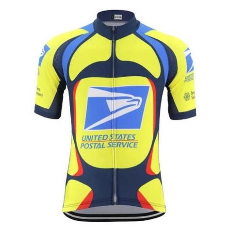 The United States Postal Service Retro Cycling Jersey features a retro yellow and blue design with an eagle motif, made from lightweight polyester. It includes black and red accents, merging classic style with contemporary comfort.