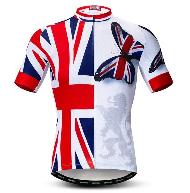 The UK Butterfly Union Jack Cycling Jersey features the flag on the left, a large butterfly on the right, and a faint lion silhouette. Made from lightweight polyester, it includes short sleeves and a full-length zipper for comfort and style.