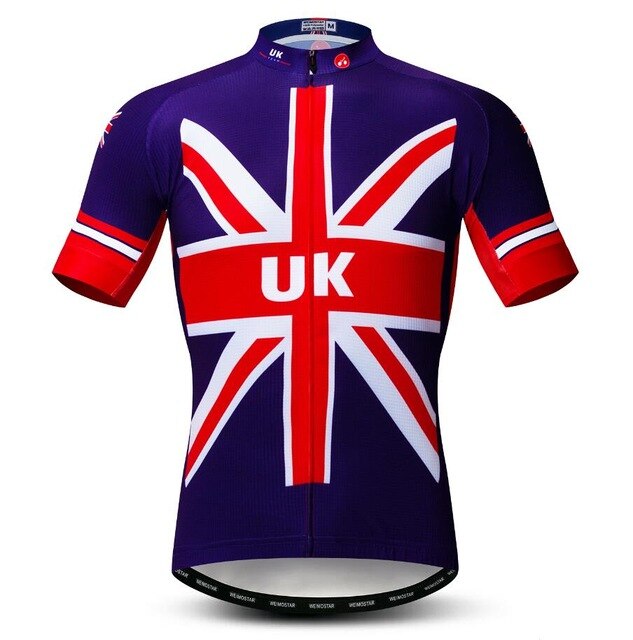The Union Jack Cycling Jersey is made of lightweight, breathable polyester and showcases the classic red, white, and blue Union Jack design with UK on the chest. Matching sleeves and a collar featuring a small Union Jack flag enhance its iconic look.