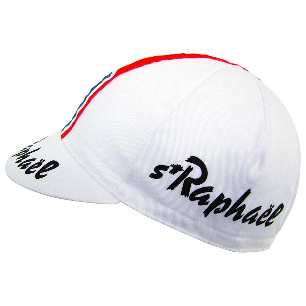 The St Raphael Retro Cycling Cap features St. Raphaël elegantly scripted on the side, with red and blue stripes adorning the top, embodying a timeless charm that pays homage to classic style.
