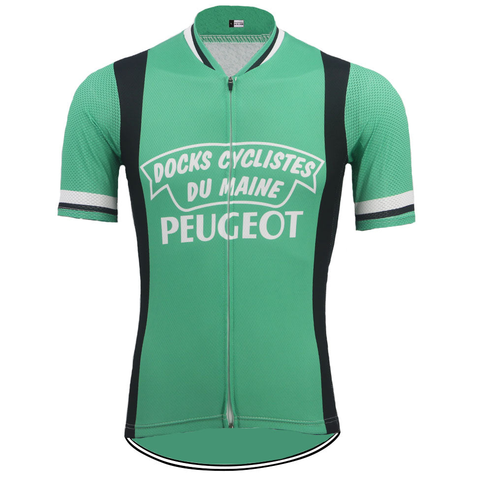The Docks Cyclistes Du Maine Peugeot Retro Cycling Jersey is made from lightweight polyester, featuring a green design with black side panels, white sleeve stripes, and a front zipper. DOCKS CYCLISTES DU MAINE PEUGEOT is prominently displayed on the front in crisp white.