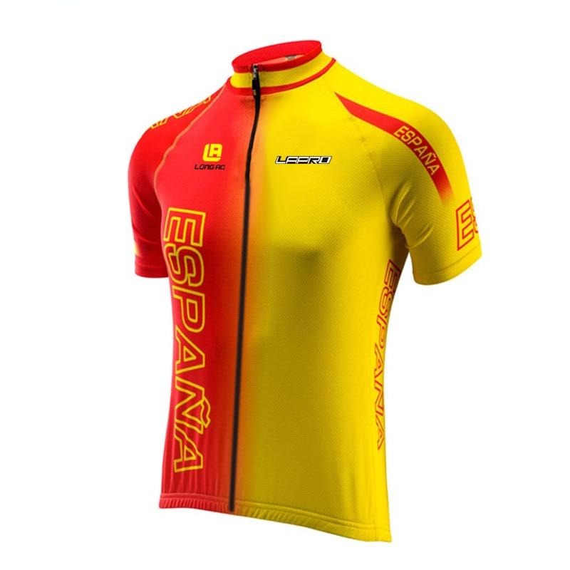 The Spanish España Retro Cycling Jersey is a lightweight polyester jersey in vibrant red and yellow, with España and various logos. It features a red left side, yellow right side, and a sleek black full-length zipper down the center.