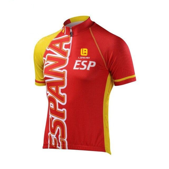 The Spanish España Retro Cycling Jersey, made of lightweight polyester, is red and yellow with ESPAÑA vertically across the front. It sports ESP and LONG AO logos, a performance-enhancing front zipper, and contrasting sleeves.