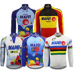 The five colorful cycling jerseys include blue, red, yellow, and white designs with geometric patterns and logos like Mapei and GB. One Mapei Retro Cycling Jersey Long Sleeve stands out with its multicolored horizontal stripes, reminiscent of a champions design.