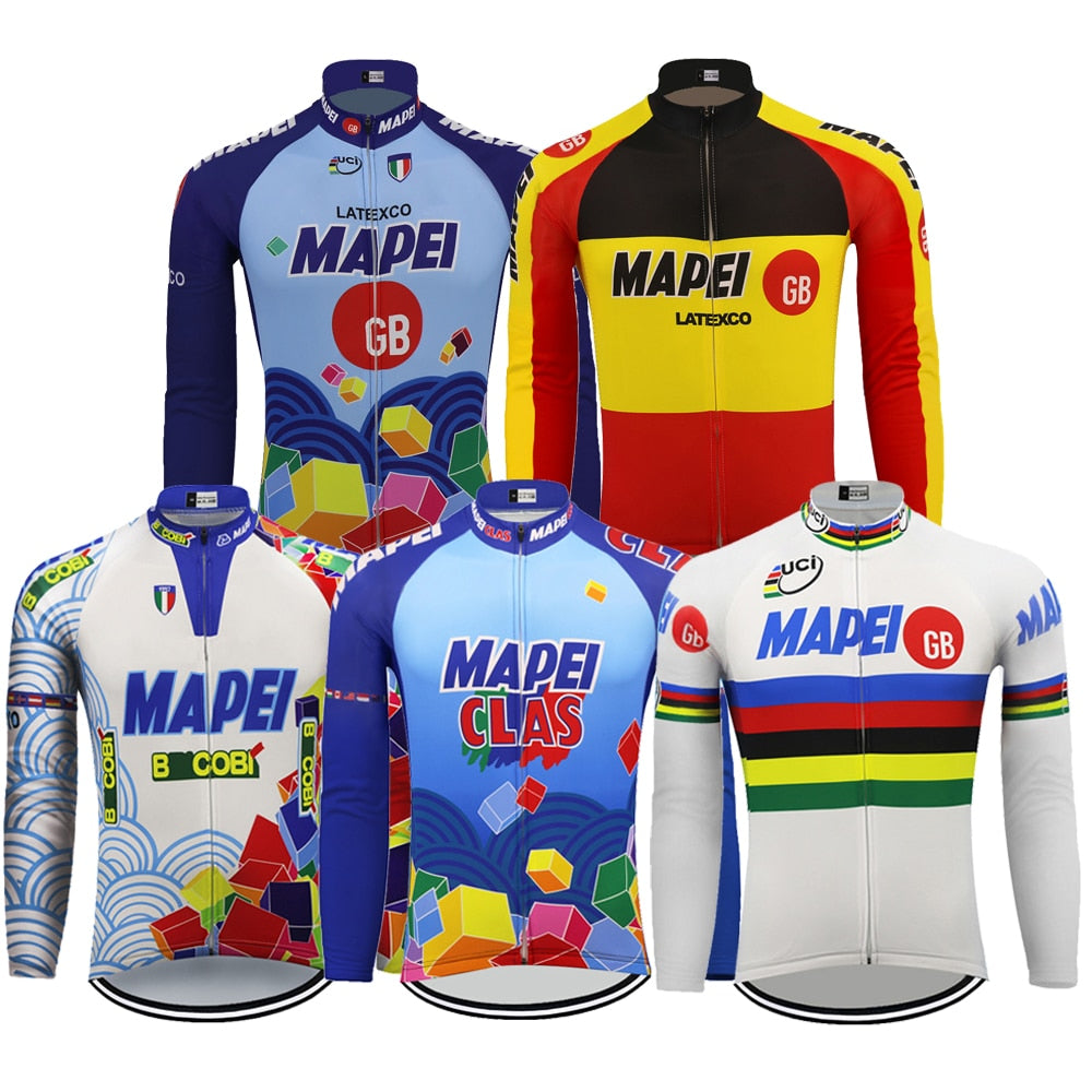 The five colorful cycling jerseys include blue, red, yellow, and white designs with geometric patterns and logos like Mapei and GB. One Mapei Retro Cycling Jersey Long Sleeve stands out with its multicolored horizontal stripes, reminiscent of a champions design.
