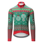 The Christmas Jumper-Themed Cycling Jersey showcases a festive front view with a breathable green and red color scheme, intricate snowflake and reindeer patterns, fleece lining, long sleeves, and a full front zipper for cozy rides.