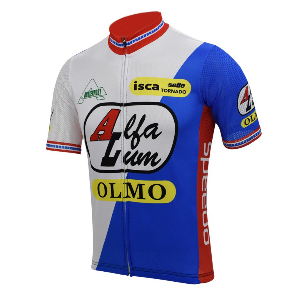 The Alfa Lum Olmo Retro Cycling Jersey is crafted from lightweight polyester with a front zip. It has a predominantly white and blue design with red accents, showcasing Alfa Lum, OLMO, and other logos on the short-sleeved shoulders and chest.