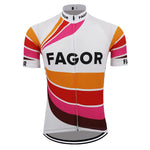 The Fagor Retro Cycling Jersey has a white base with bold wavy red, orange, and pink stripes. Made from lightweight polyester, it features Fagor on the chest and sleeves, a front zipper, and a fitted design for comfort.