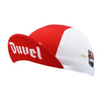 The Duvel Beer Cycling Cap is red and white with a flipped-up brim showcasing Duvel in bold white letters. It’s moisture absorbent, quick drying, and features a detailed crest beside Anno for flair.