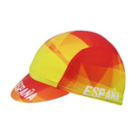 Enjoy the vibrant spirit of the Espana (Spain) Cycling Cap, featuring a geometric pattern in red, orange, and yellow on breathable mesh fabric. It ensures comfort while ESPAÑA is displayed in white on the brim and side.