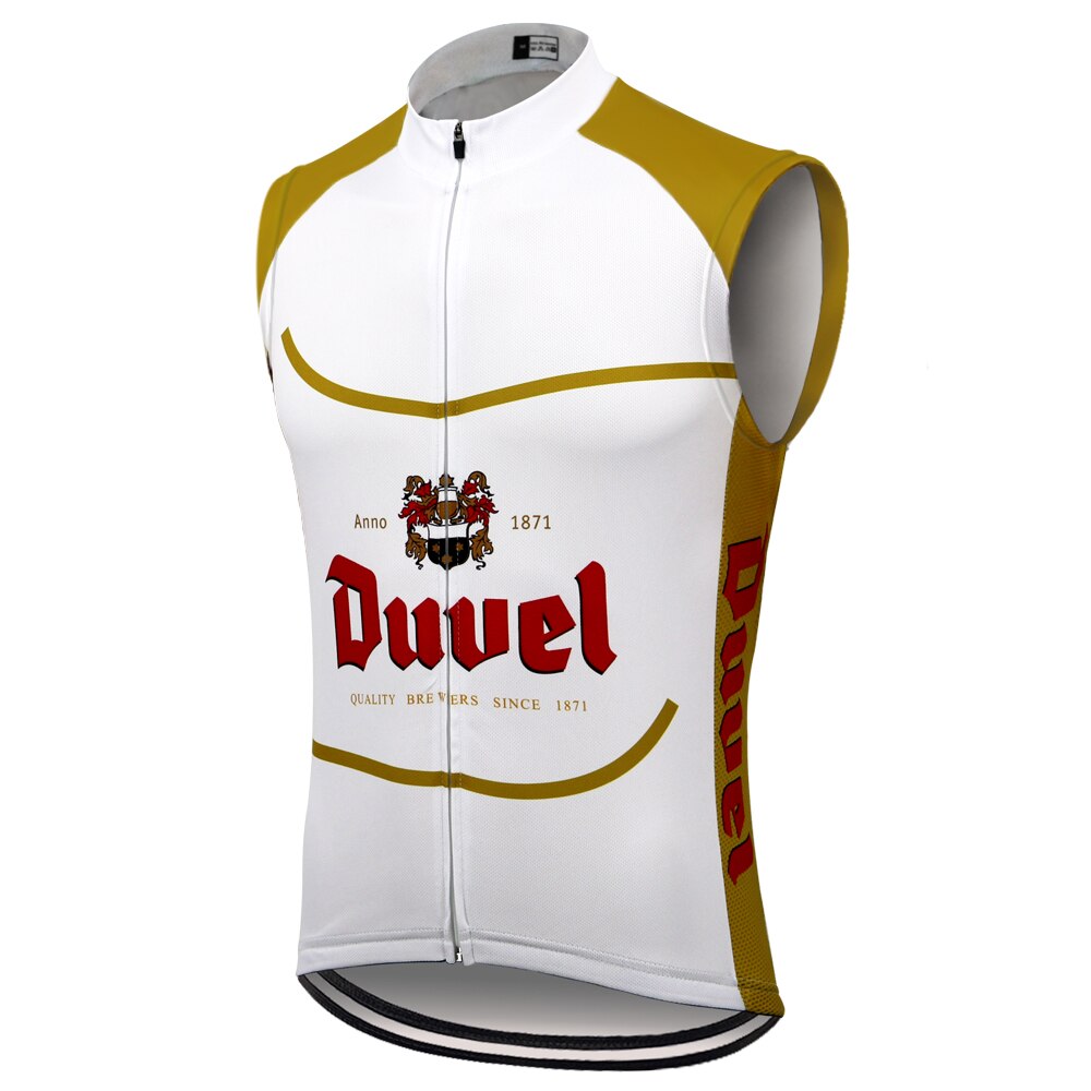 The Duvel Beer White Retro Cycling Vest is a sleeveless lightweight polyester jersey featuring a white front with gold side panels. It displays Duvel in red, a classic crest, and Anno 1871 with the phrase Quality Brewers Since 1871, and has a center zipper.