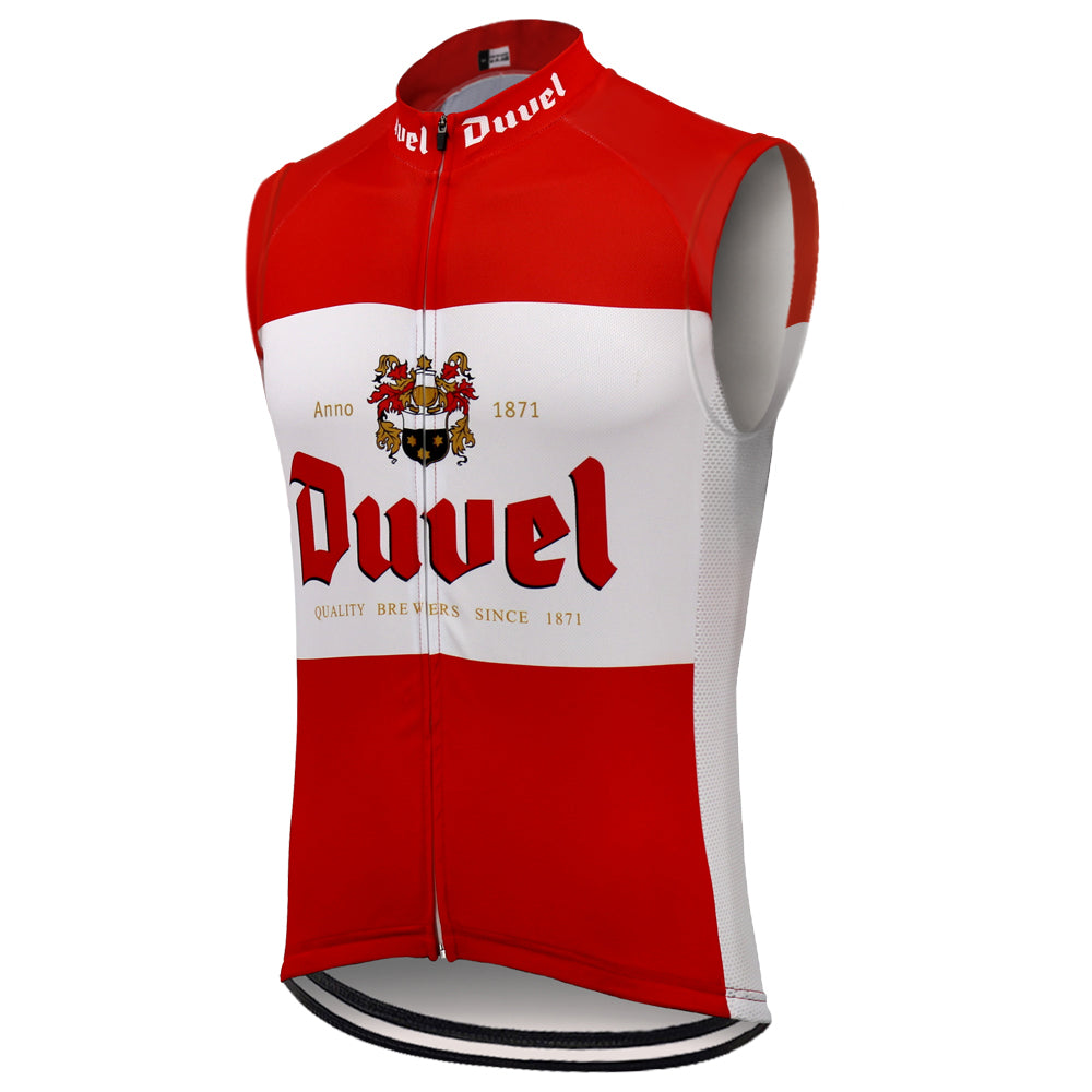 The Duvel Beer Red Retro Cycling Vest is a red and white sleeveless jersey featuring Duvel with a central coat of arms design, commemorating Anno 1871 and Brewers since 1871, celebrating the rich heritage of the classic Belgian beer.