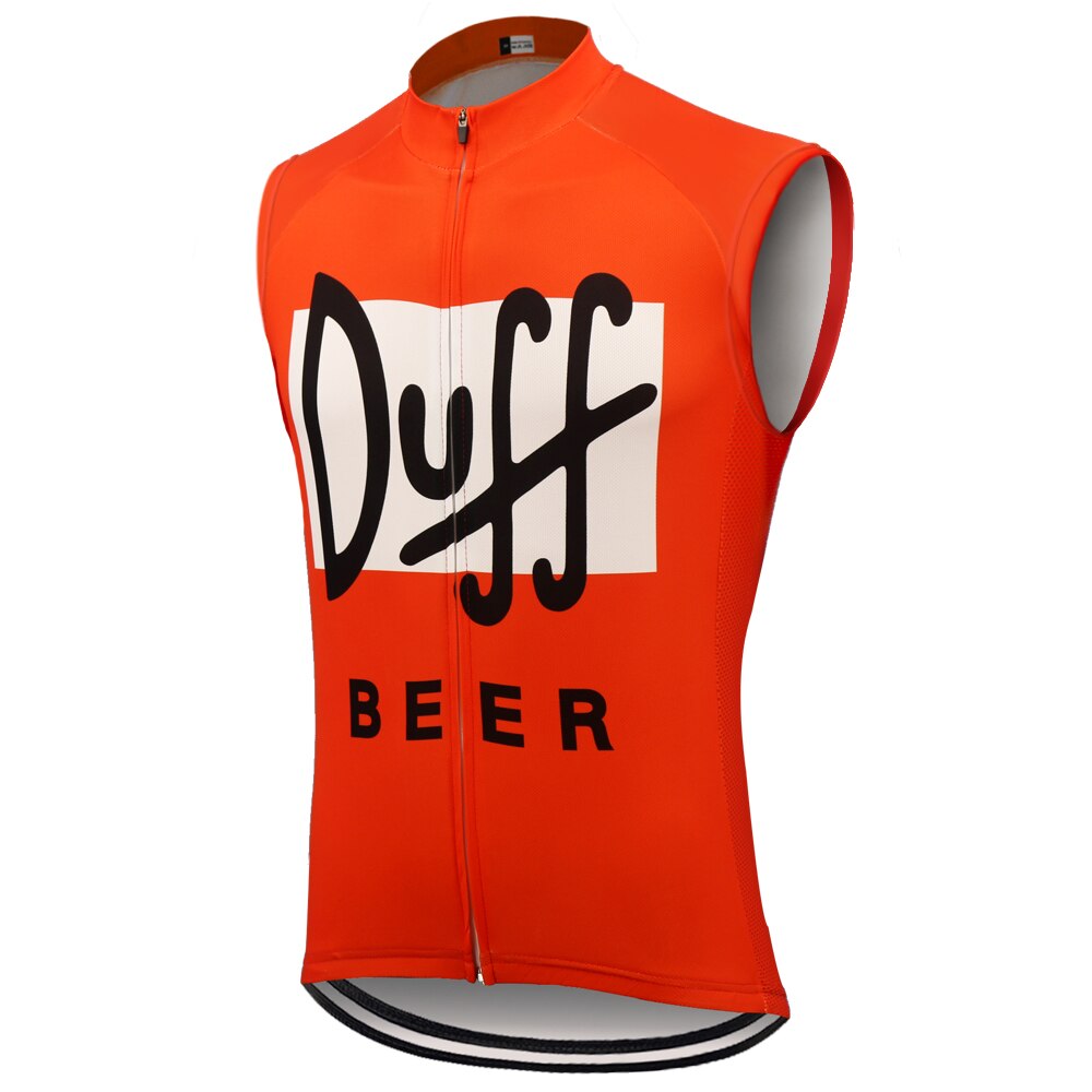 The Duff Beer Cycling Vest is an orange, sleeveless jersey made from lightweight polyester, featuring Duff Beer in bold black and white on the front. It has a front zipper and a fitted design, perfect for cycling enthusiasts.
