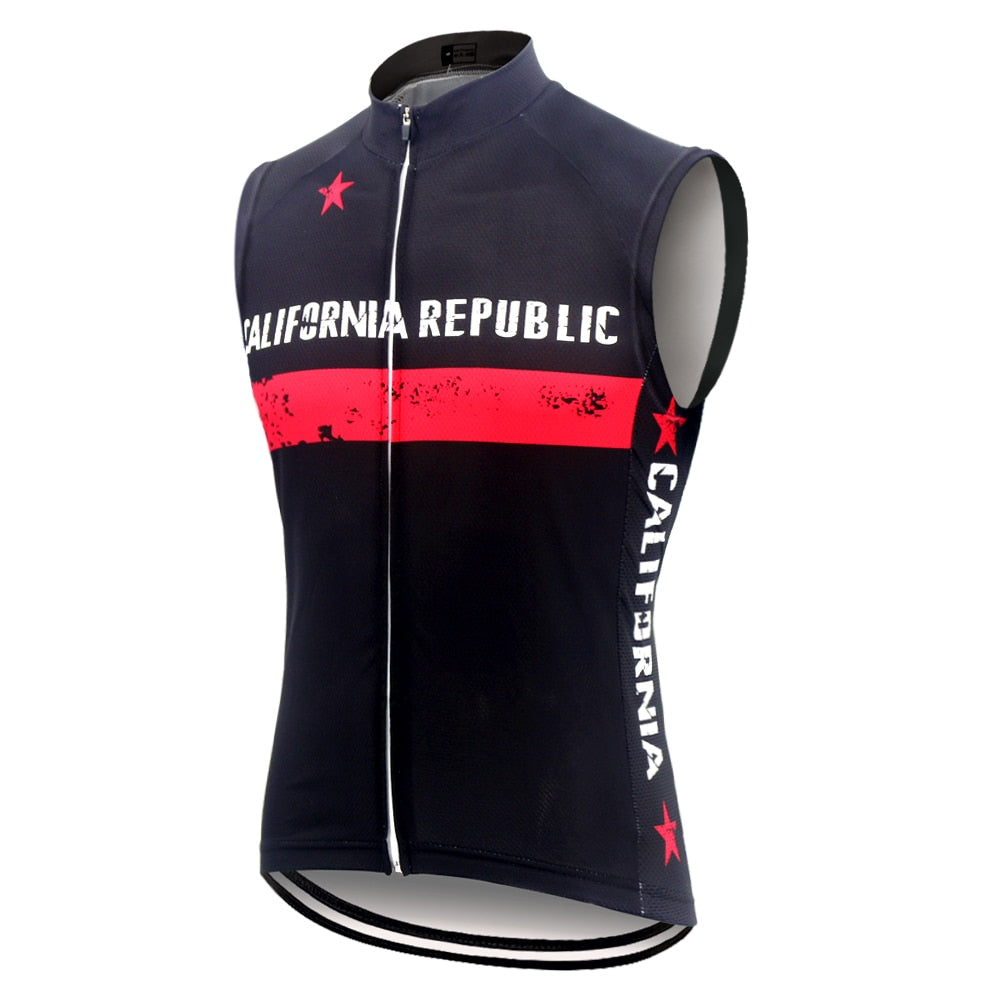 The California Republic Cycling Vest is a lightweight polyester jersey featuring a black base with red stripes and stars. It includes a front zipper and has California on the side panels for added flair.
