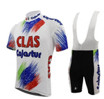 Explore the CLAS–Cajastur Retro Cycling Jersey Set, celebrating the iconic team with a white jersey featuring red, blue, and green brushstroke patterns and CLAS Cajastur branding, paired with stylish black shorts accentuated by white detailing.