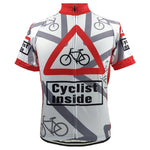 The Cyclist Inside Jersey is a lightweight polyester cycling top featuring a red and white geometric design with a large triangle warning sign displaying a bicycle icon and Cyclist Inside text. It has short sleeves, a front zipper, and several smaller bicycle graphics.